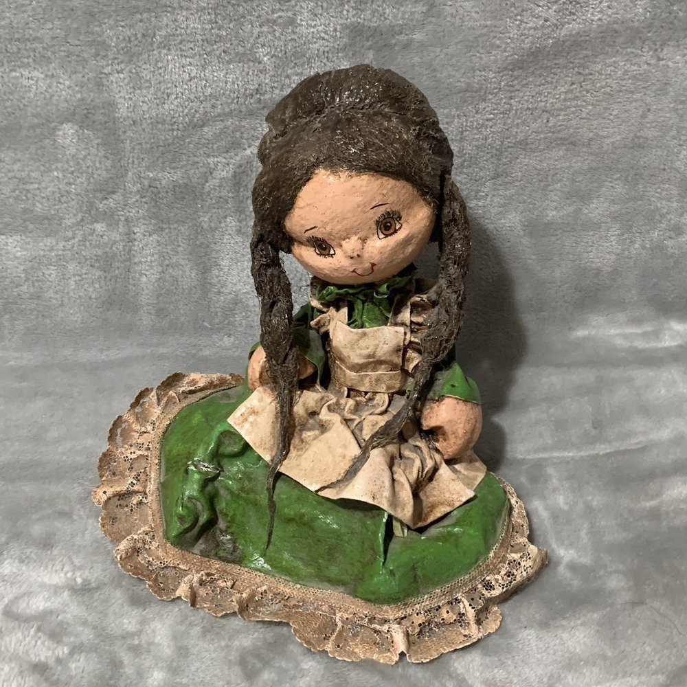 Vintage Handmade Paper Mache Folk Art Doll Girl Green Dress Braids Decorative
